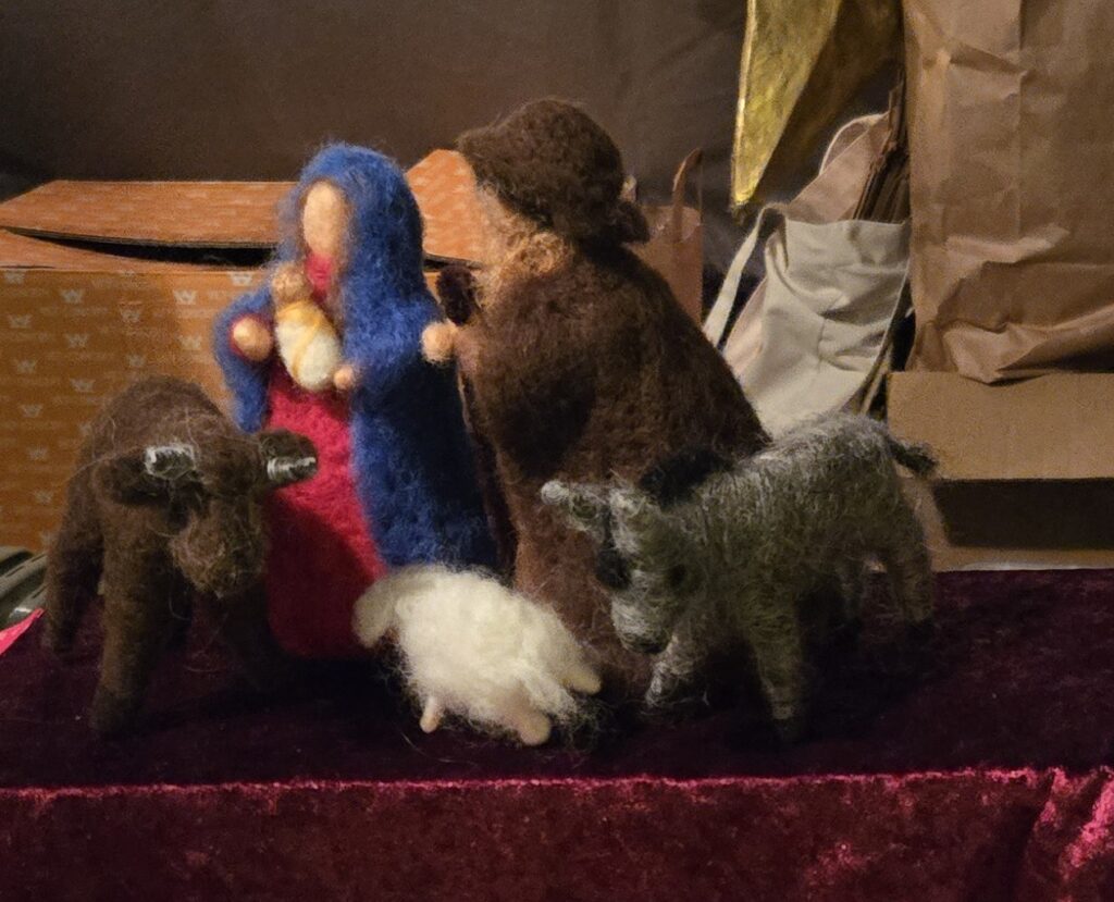 A felted wool nativity scene features figures of Mary, Joseph, baby Jesus, two donkeys, and a sheep, all placed on a red velvet surface with cardboard boxes in the background.