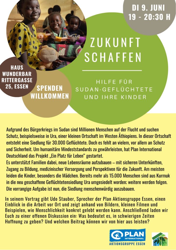 Flyer with images of smiling Sudanese children, promoting a charity event for Sudanese refugees and their children. Event details, date, and organizer logos are shown, along with descriptive text about support and donations.