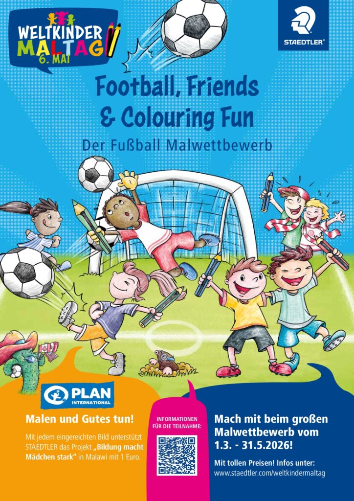 Illustration of children playing soccer and drawing, with art supplies visible. Soccer balls and confetti fill the blue background. Text promotes Football, Friends & Colouring Fun for a childrens coloring contest.