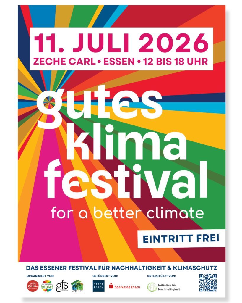 Plakat für das „gutes klima“-Festival am 11. Juli 2026 in Essen, Deutschland. Bunte Strahlen im Hintergrund. Text: „Für ein besseres Klima“, „Eintritt frei“ sowie Veranstaltungsdetails am unteren Rand.