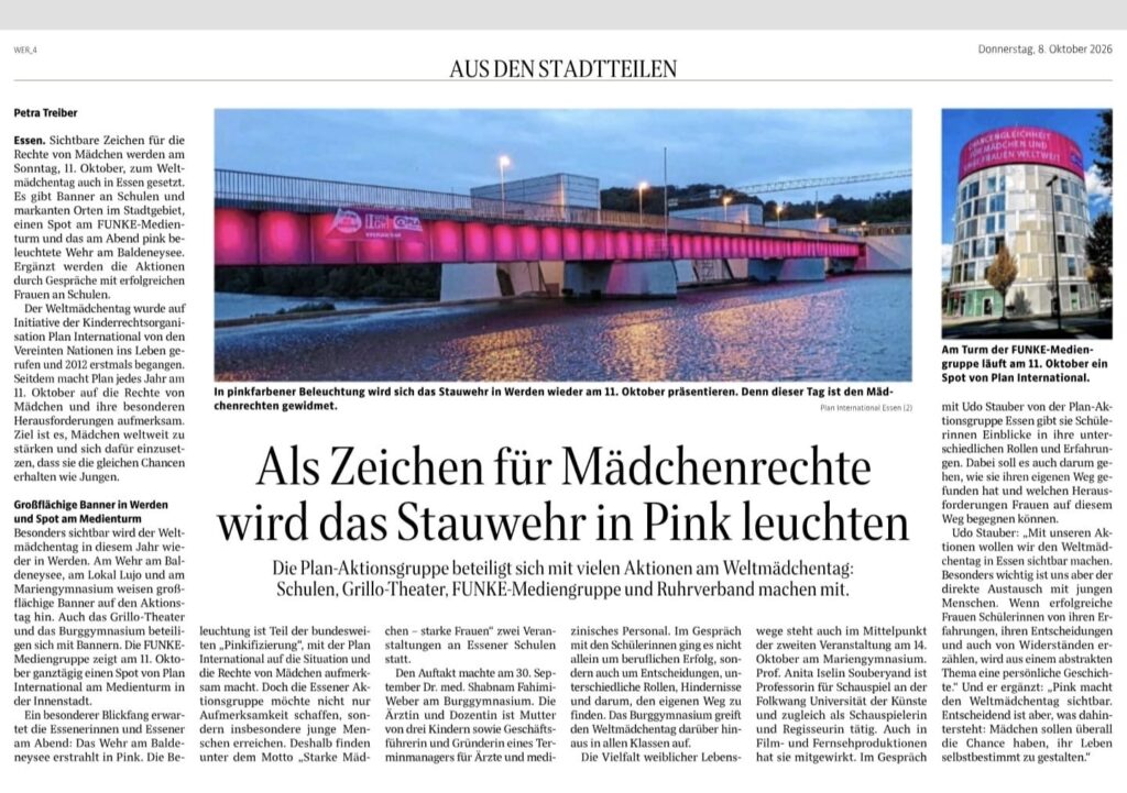 Das Gebäude der FUNKE-Mediengruppe wurde anlässlich des Internationalen Mädchentags in rosa Licht getaucht.