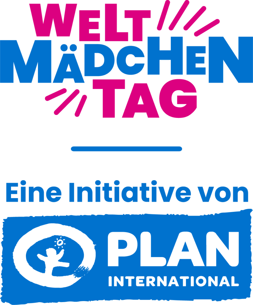 Der Text lautet: Welt-Mädchentag. Eine Initiative von Plan International, dazu ein blaues, handgezeichnetes Logo mit einem Kreis und einer Figur. Die Farben sind Blau und Rosa auf weißem Hintergrund.