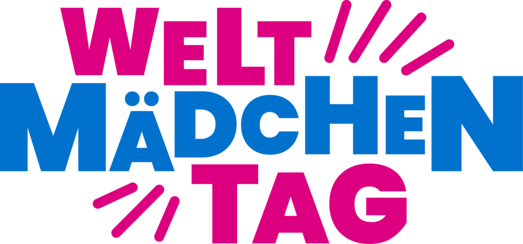 Auf weißem Hintergrund ist in kräftigem Rosa und Blau der deutsche Text Welt-Mädchentag zu lesen, umrahmt von Zierlinien.